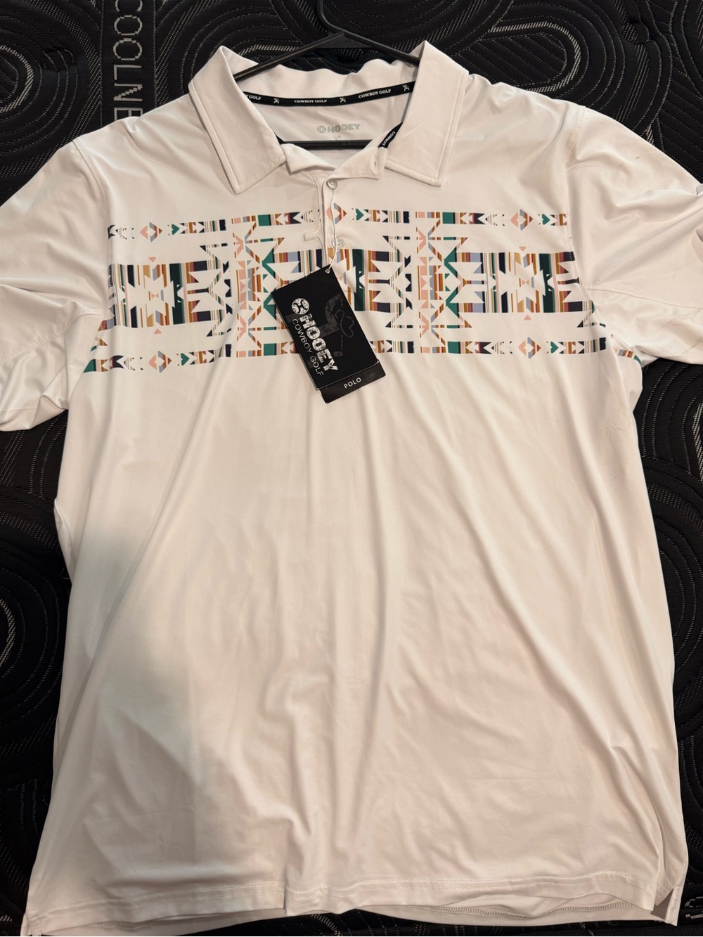 Hooey White Polo with Multicolor Aztec Chest Stripe